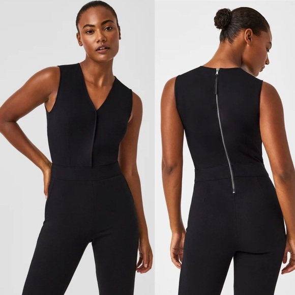 SPANX The Perfect Shaping Pant Jumpsuit L Black Flare Wide Leg Ponte Knit V-Neck - Picture 4 of 16